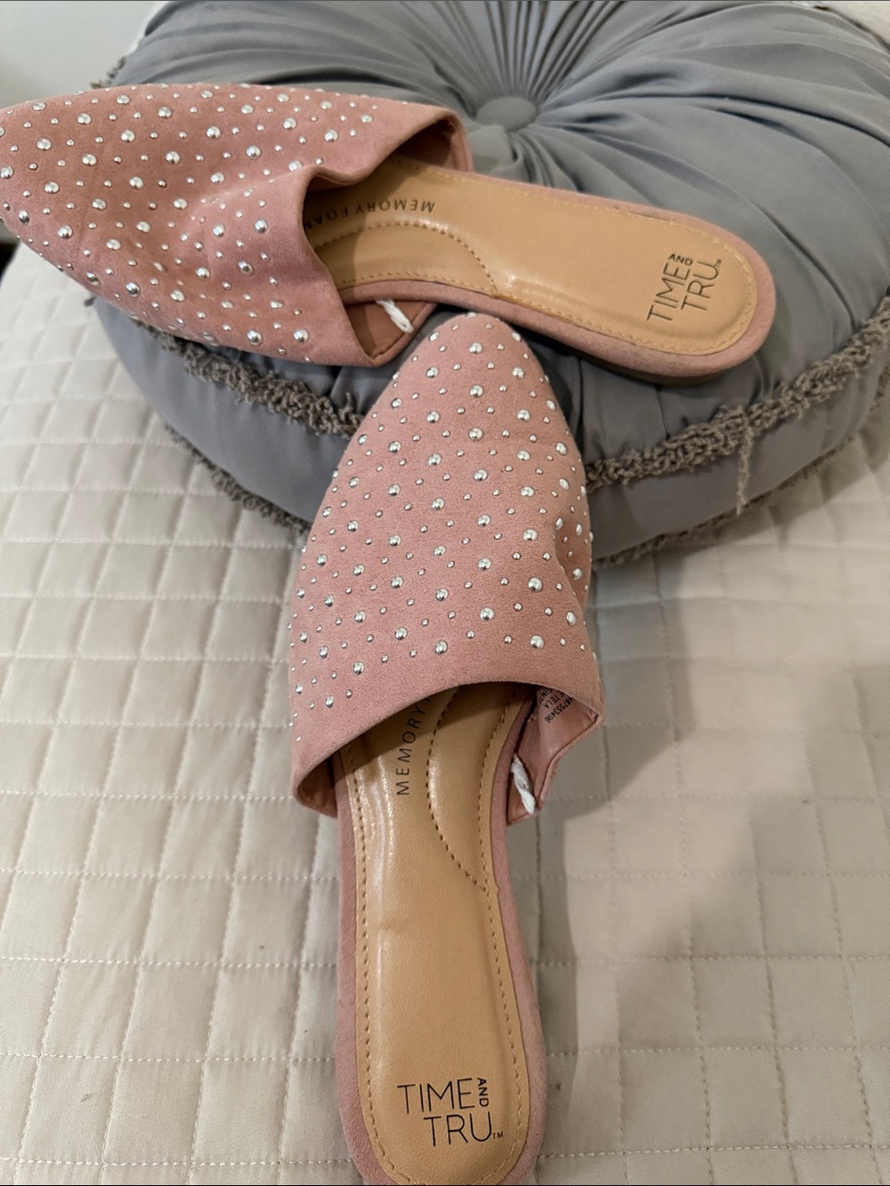 Time and Tru Blush Pink Rhinestone Slide Mules